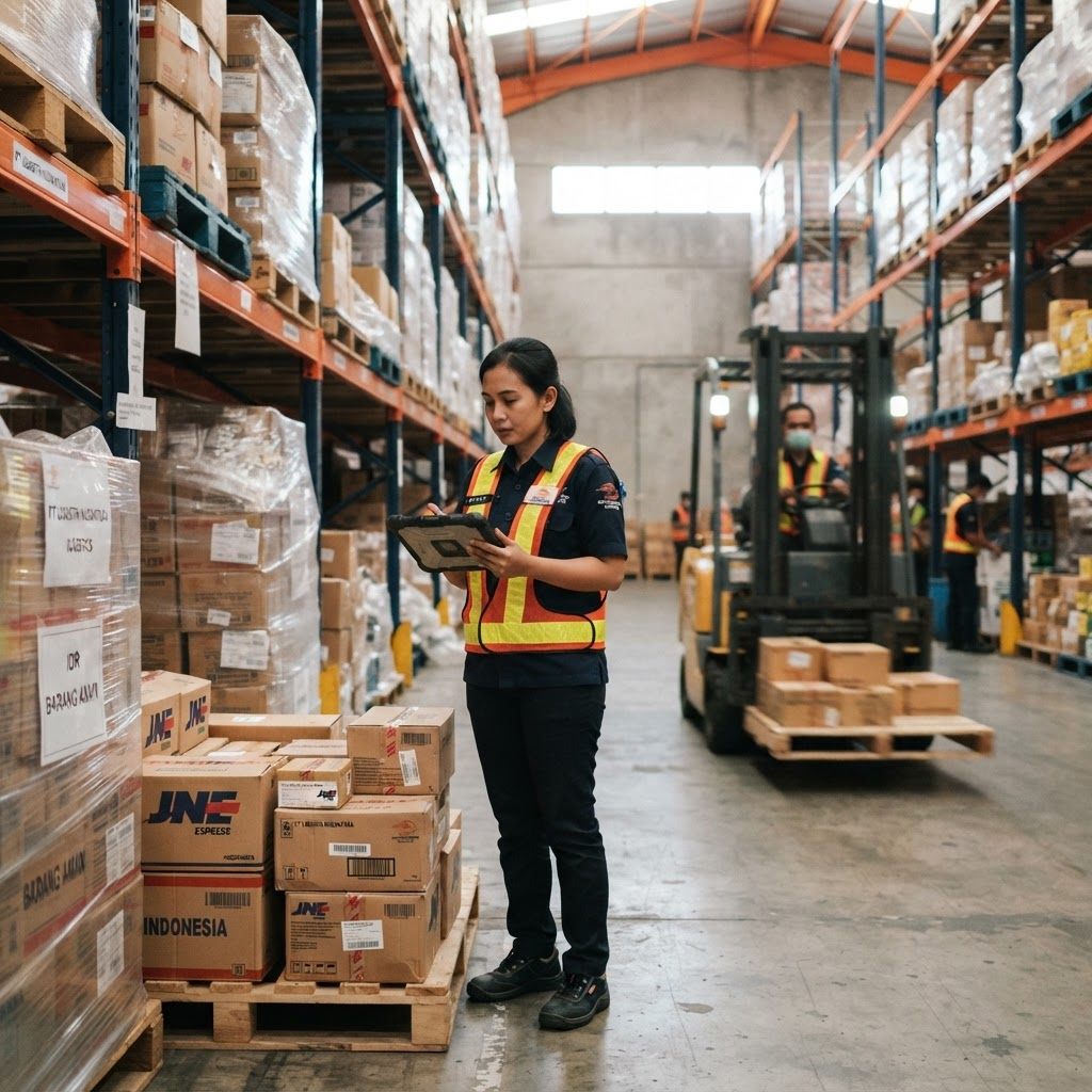 Supervisor logistik memeriksa palet di gudang distribusi